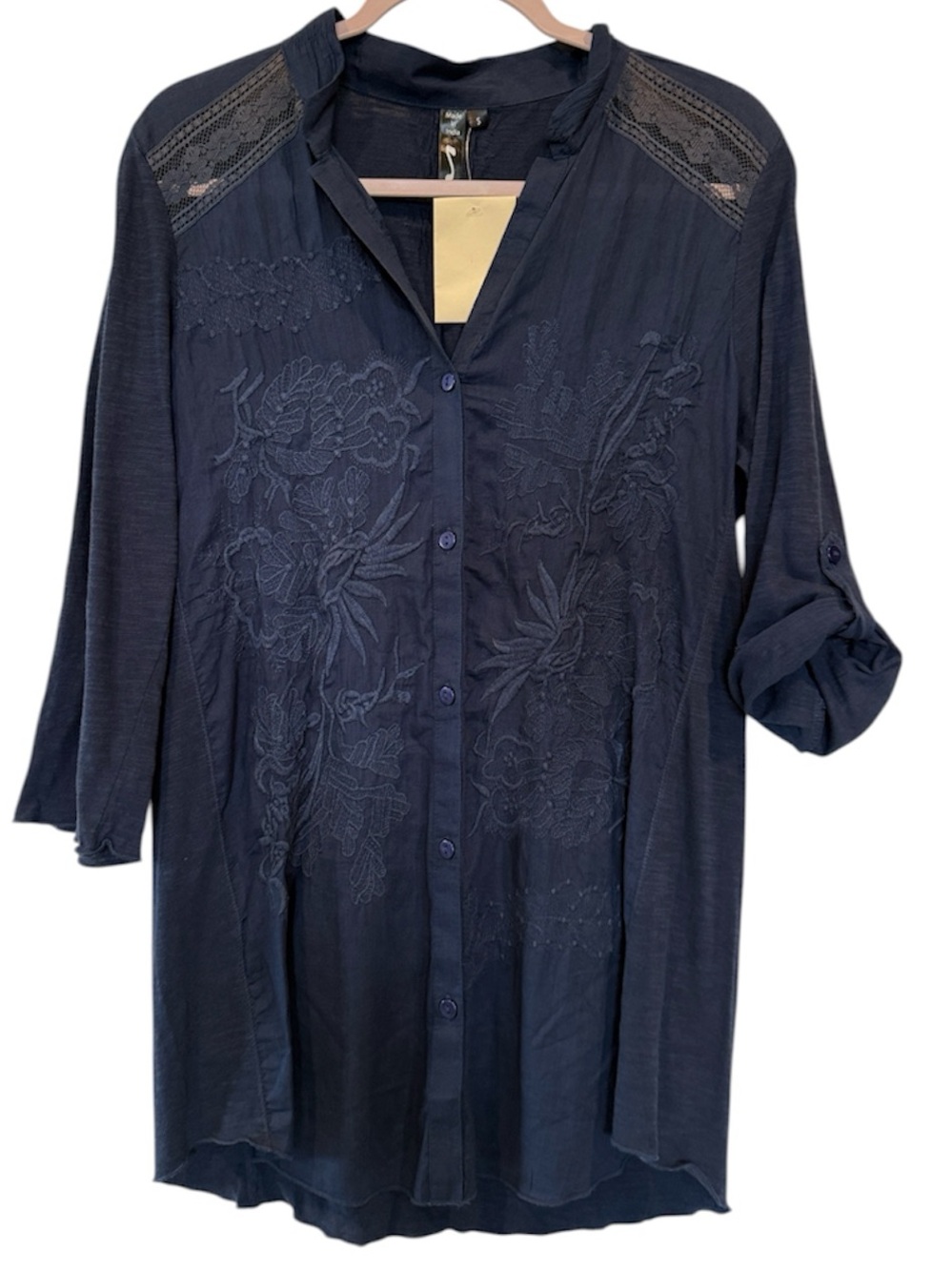 Navy Embroidered Button-Front Women's Top